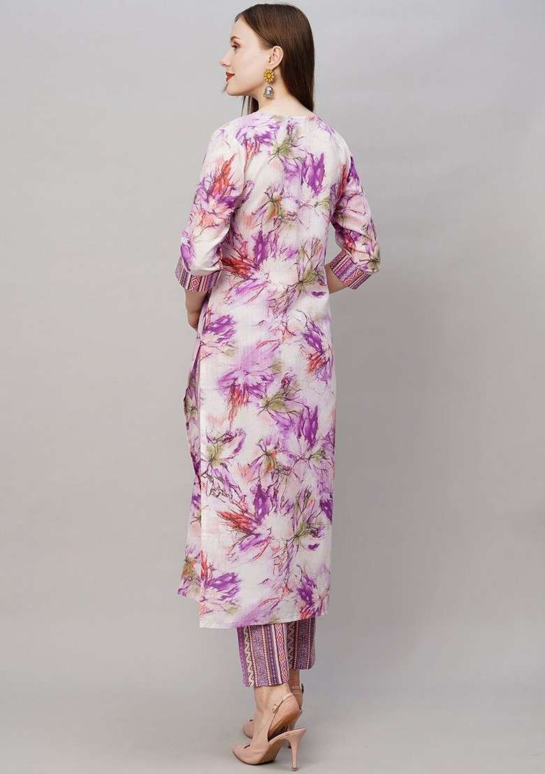 Purple Floral Printed Round Neck Top With Trouser Coords - Indya