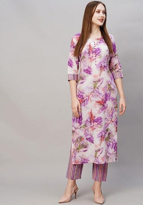 Purple Floral Printed Round Neck Top With Trouser Coords