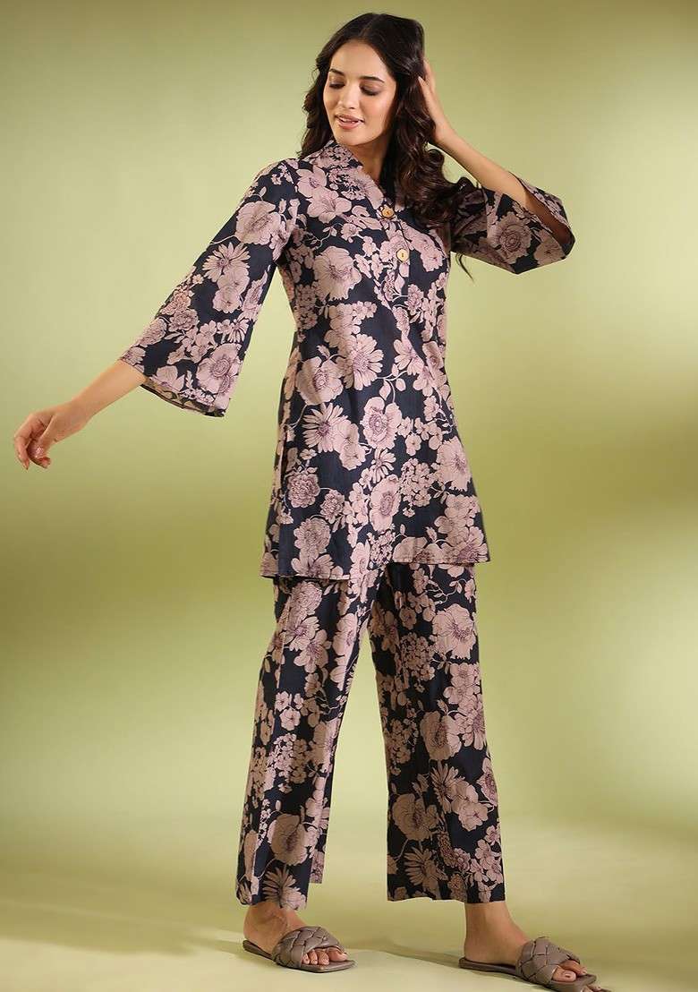 Blue Floral Printed Tunic With Trousers - Indya