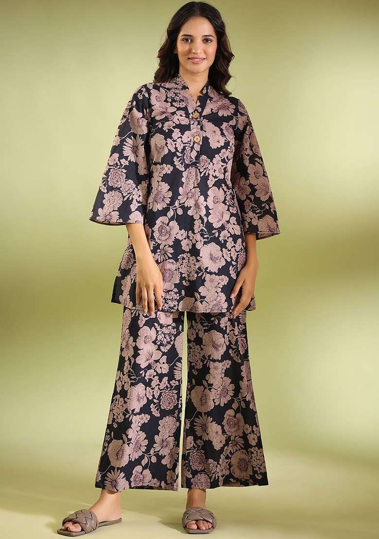 Blue Floral Printed Tunic With Trousers - Indya