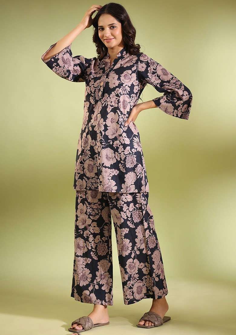 Blue Floral Printed Tunic With Trousers - Indya