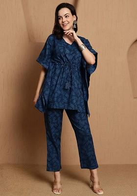 Navy Blue Printed Pure Cotton Kaftan Tunic With Trousers