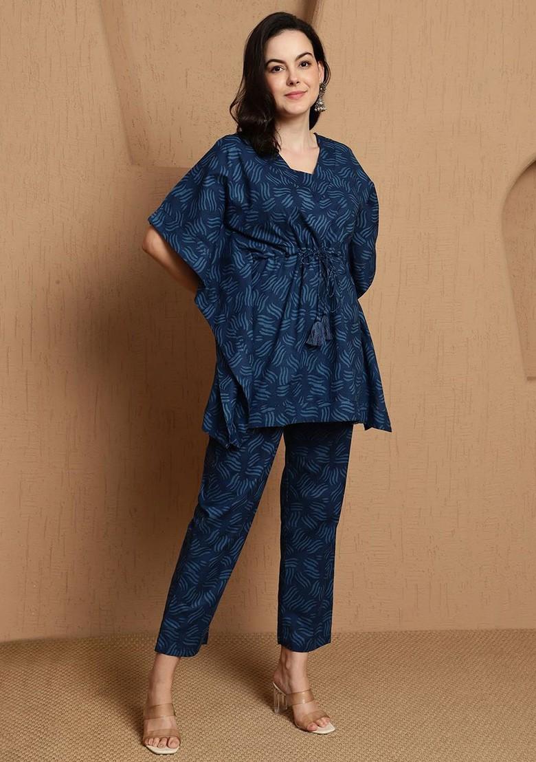 Navy Blue Printed Pure Cotton Kaftan Tunic With Trousers - Indya