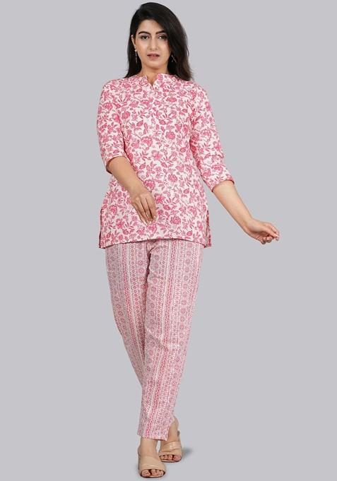 Pink Printed Pure Cotton Top With Trousers