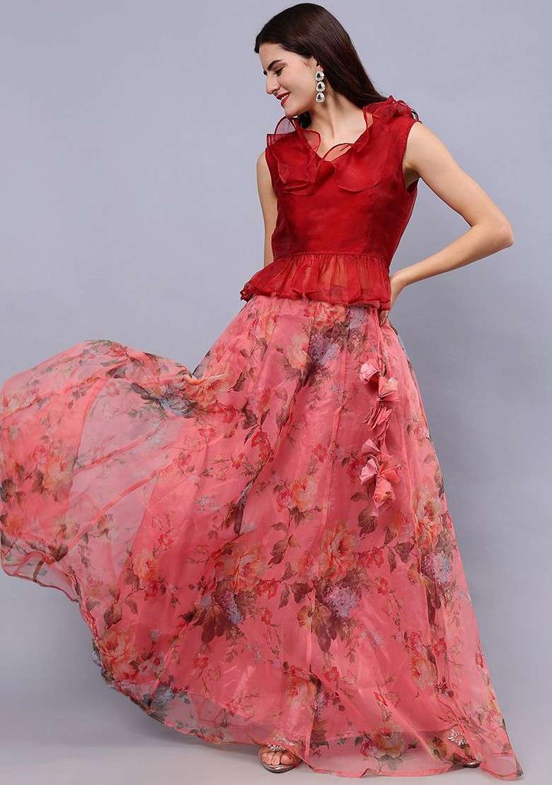 Maroon Organza V Neck Top And Floral Print Organza Maxi Skirt Co Ords Set - Indya
