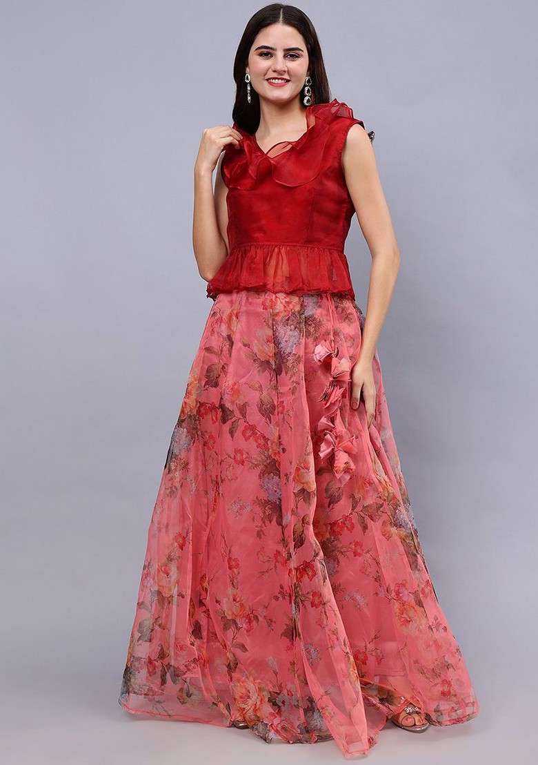 Maroon Organza V Neck Top And Floral Print Organza Maxi Skirt Co Ords Set - Indya