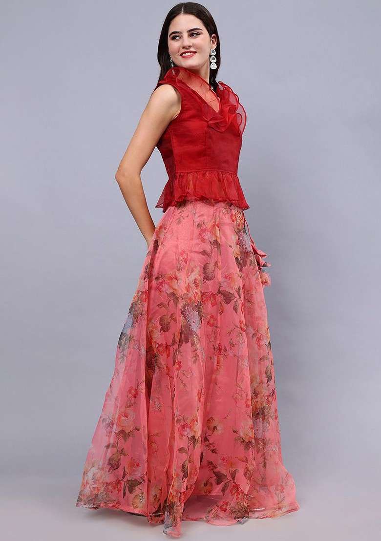 Maroon Organza V Neck Top And Floral Print Organza Maxi Skirt Co Ords Set - Indya
