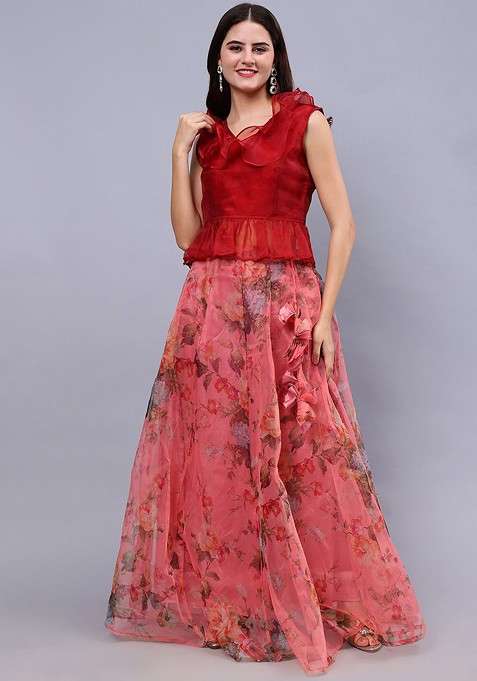 Maroon Organza V Neck Top And Floral Print Organza Maxi Skirt Co Ords Set