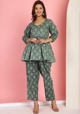 Green Floral Printed Vneck Bishop Sleeves Pure Cotton Tunic With Flared Trousers