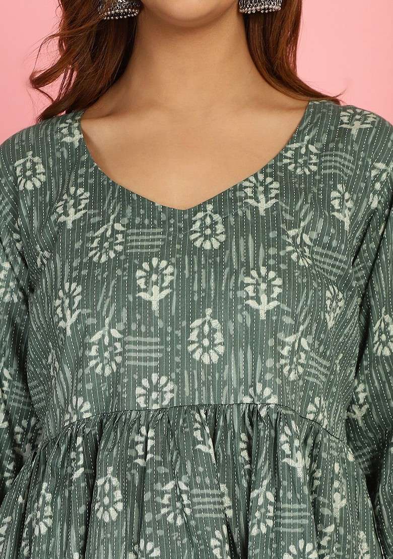 Green Floral Printed Vneck Bishop Sleeves Pure Cotton Tunic With Flared Trousers - Indya