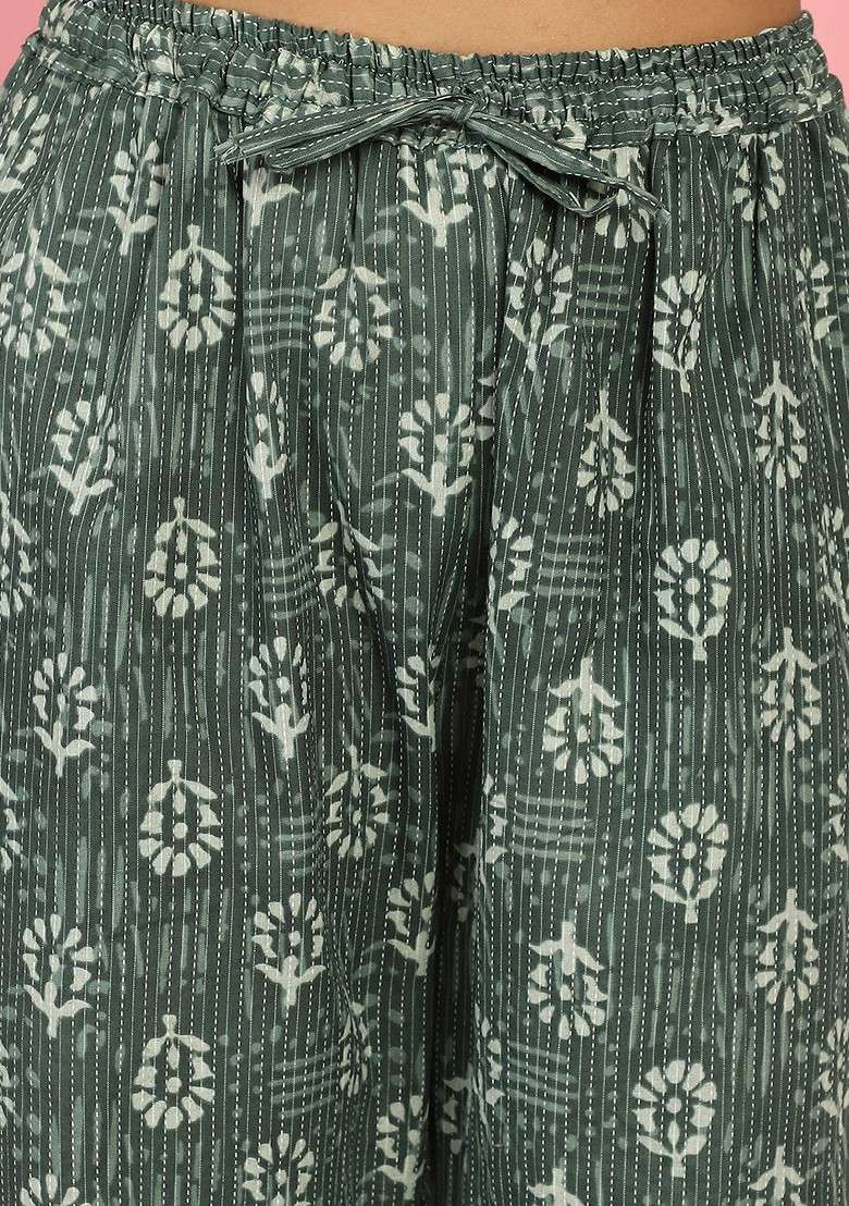 Green Floral Printed Vneck Bishop Sleeves Pure Cotton Tunic With Flared Trousers - Indya