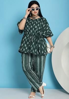 Green Plus Size Paisley Printed Vneck Gathered Pure Cotton Kaftan Tunic With Trousers