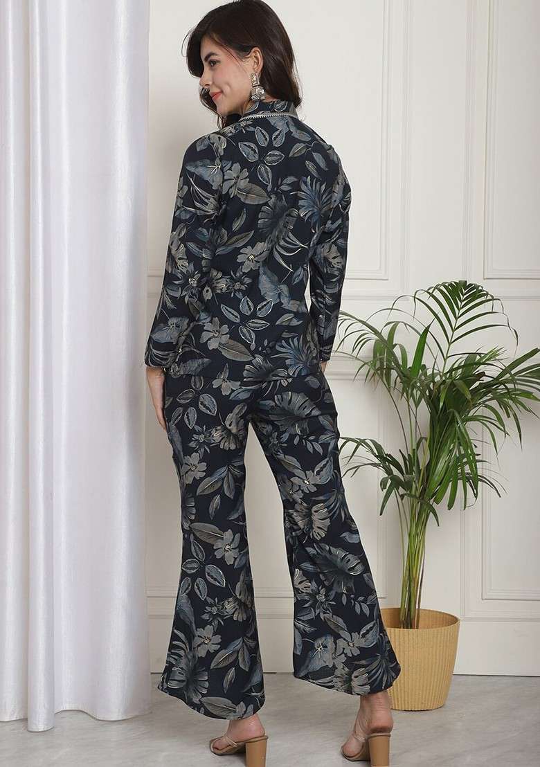 Navy Blue Floral Printed Tunic And Trousers Coords - Indya