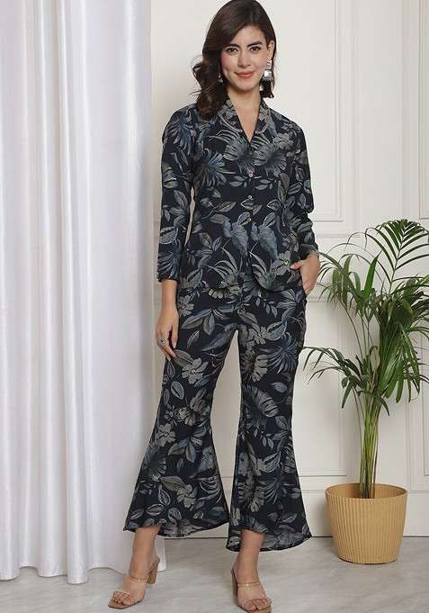 Navy Blue Floral Printed Tunic And Trousers Coords