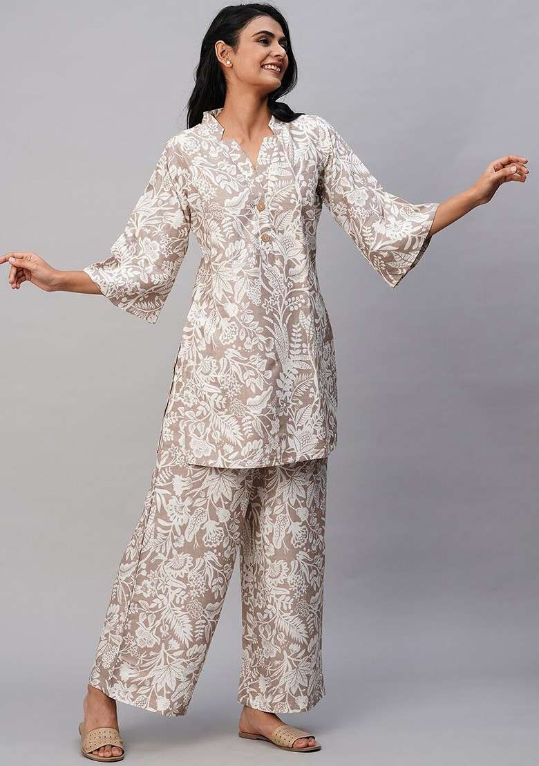 Brown Floral Printed Mandarin Collar Tunic And Palazzos - Indya