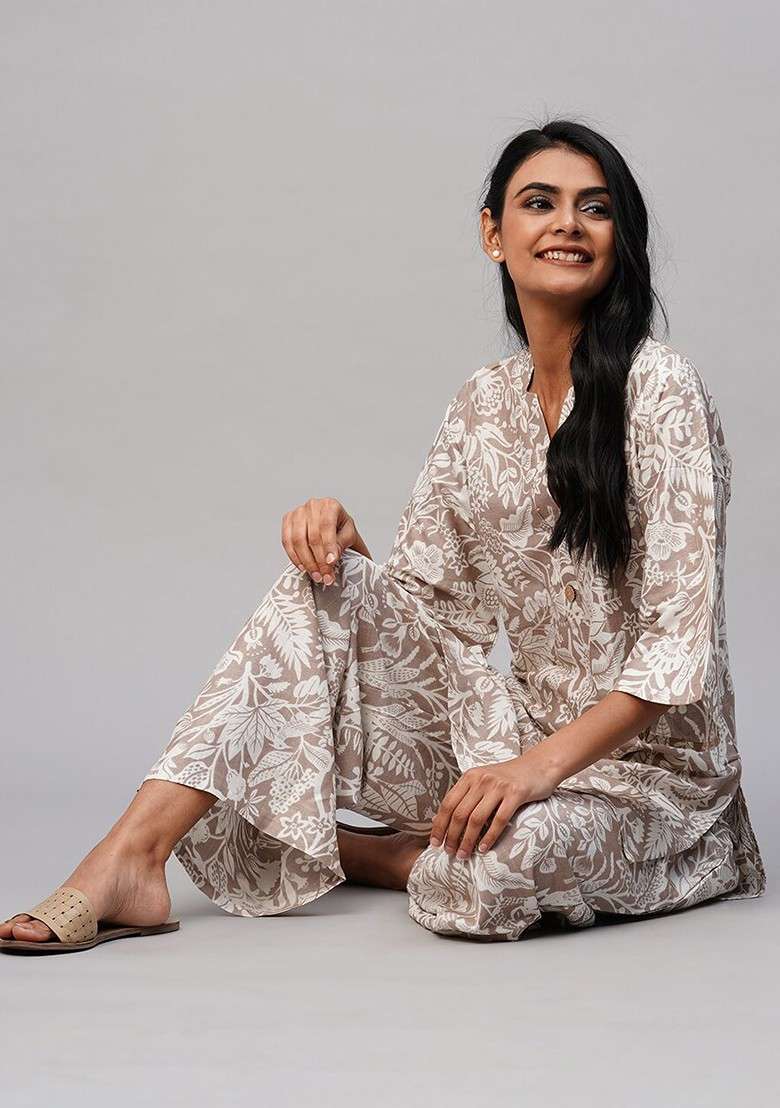 Brown Floral Printed Mandarin Collar Tunic And Palazzos - Indya