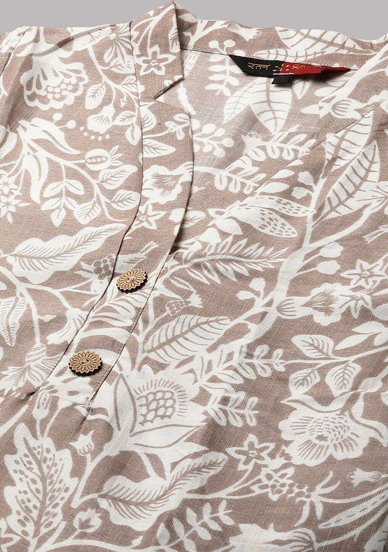 Brown Floral Printed Mandarin Collar Tunic And Palazzos - Indya