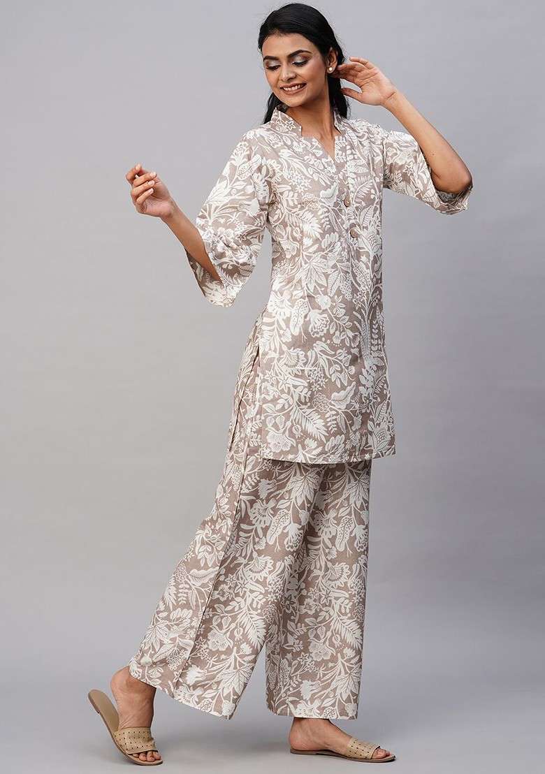 Brown Floral Printed Mandarin Collar Tunic And Palazzos - Indya
