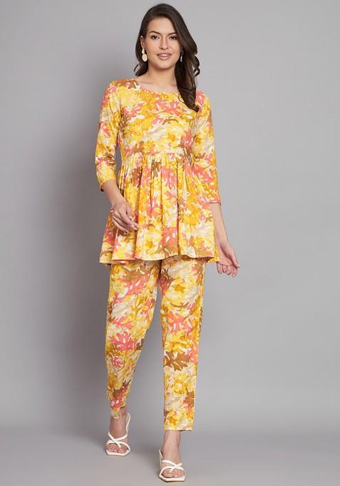 Yellow Floral Printed Pleated Detail Tunic With Trousers
