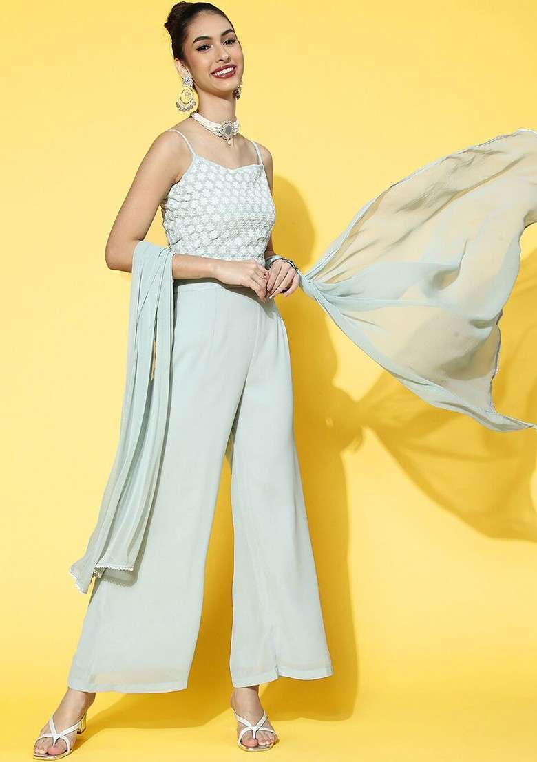 Blue Women Embroidered Crop Top Palazzo And Dupatta Co Ords - Indya