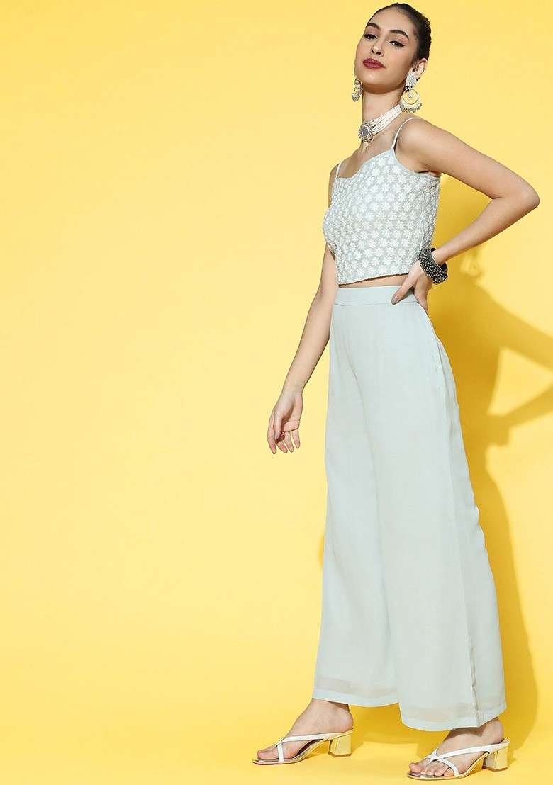 Blue Women Embroidered Crop Top Palazzo And Dupatta Co Ords - Indya