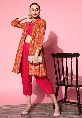 Pink Women Orange And Pink Solid Coords With Printed Ethnic Jacket