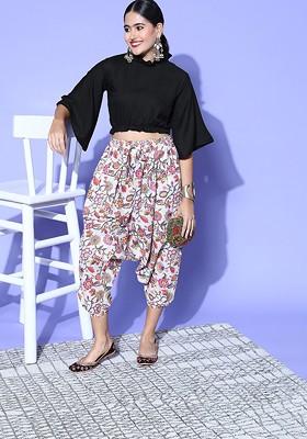 Black Women Black And White Solid Crop Top With Printed Harem Pants