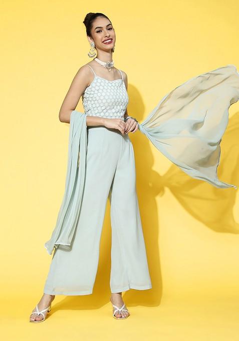 Green Women Gorgeous Green Printed Top With Solid Palazzos — view on Indya