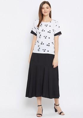 White Women White And Black Printed Top With Skirt