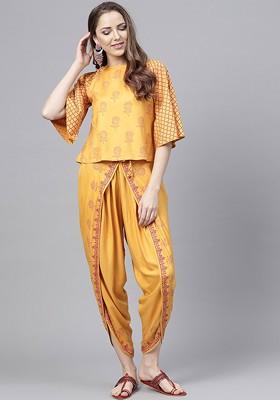 Mustard Mustard And Magenta Block Print Top With Dhoti Pants