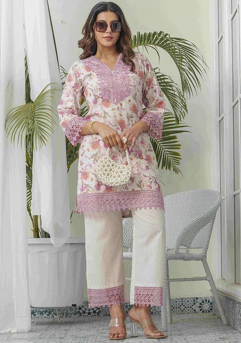 Off White Floral Printed Vneck Linen Tunic With Trousers - Indya