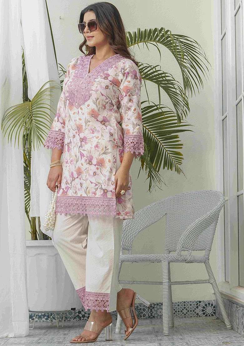 Off White Floral Printed Vneck Linen Tunic With Trousers - Indya