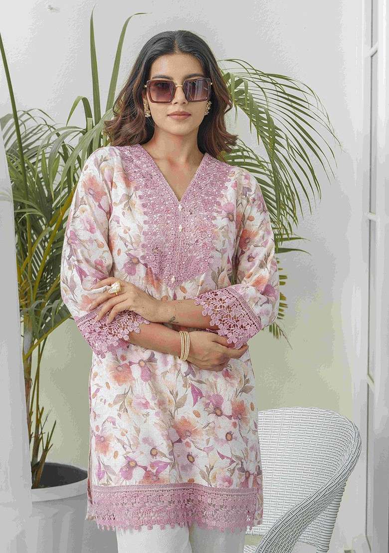 Off White Floral Printed Vneck Linen Tunic With Trousers - Indya
