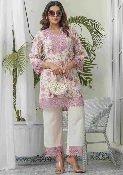 Off White Floral Printed Vneck Linen Tunic With Trousers