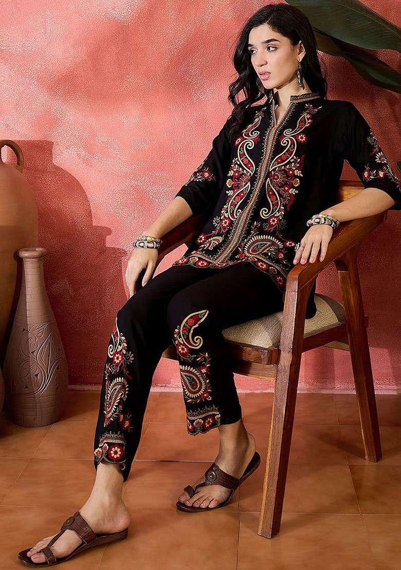 Black Embroidered Top And Straight Trousers Coord Set - Indya