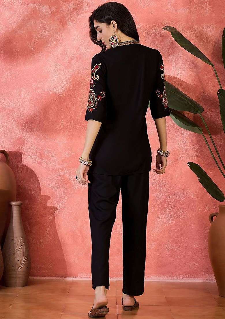 Black Embroidered Top And Straight Trousers Coord Set - Indya