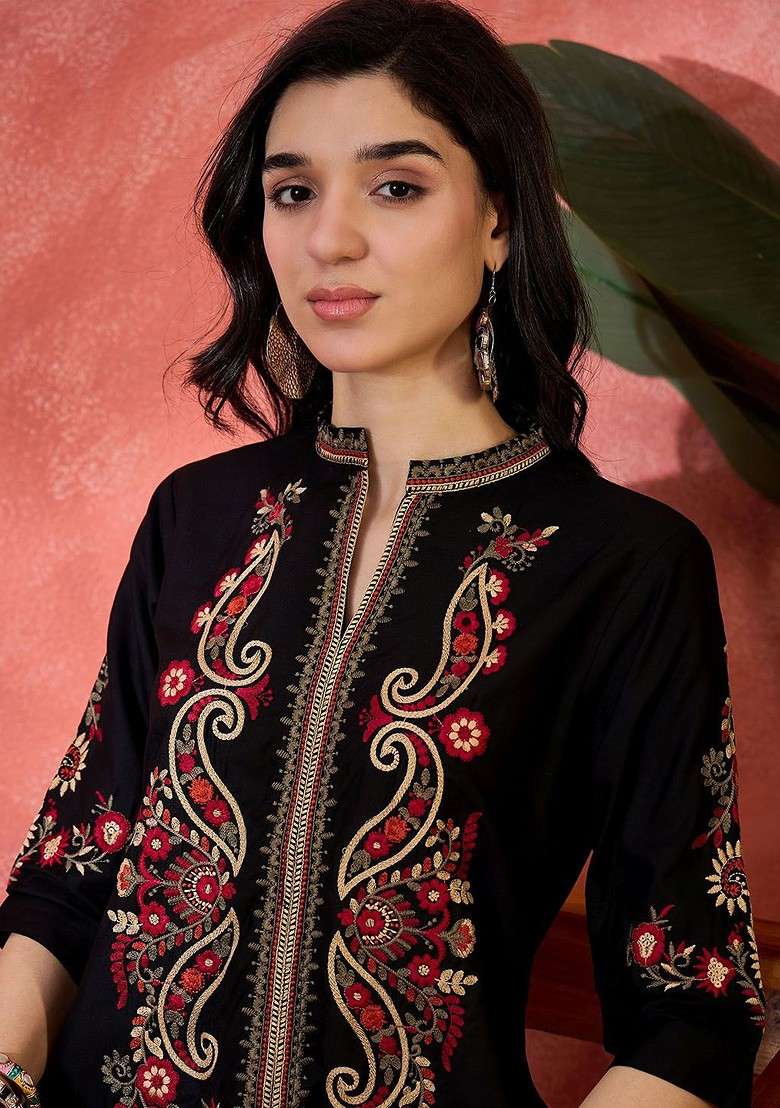 Black Embroidered Top And Straight Trousers Coord Set - Indya