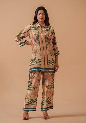 Cream Printed Tunic With Trousers Coords