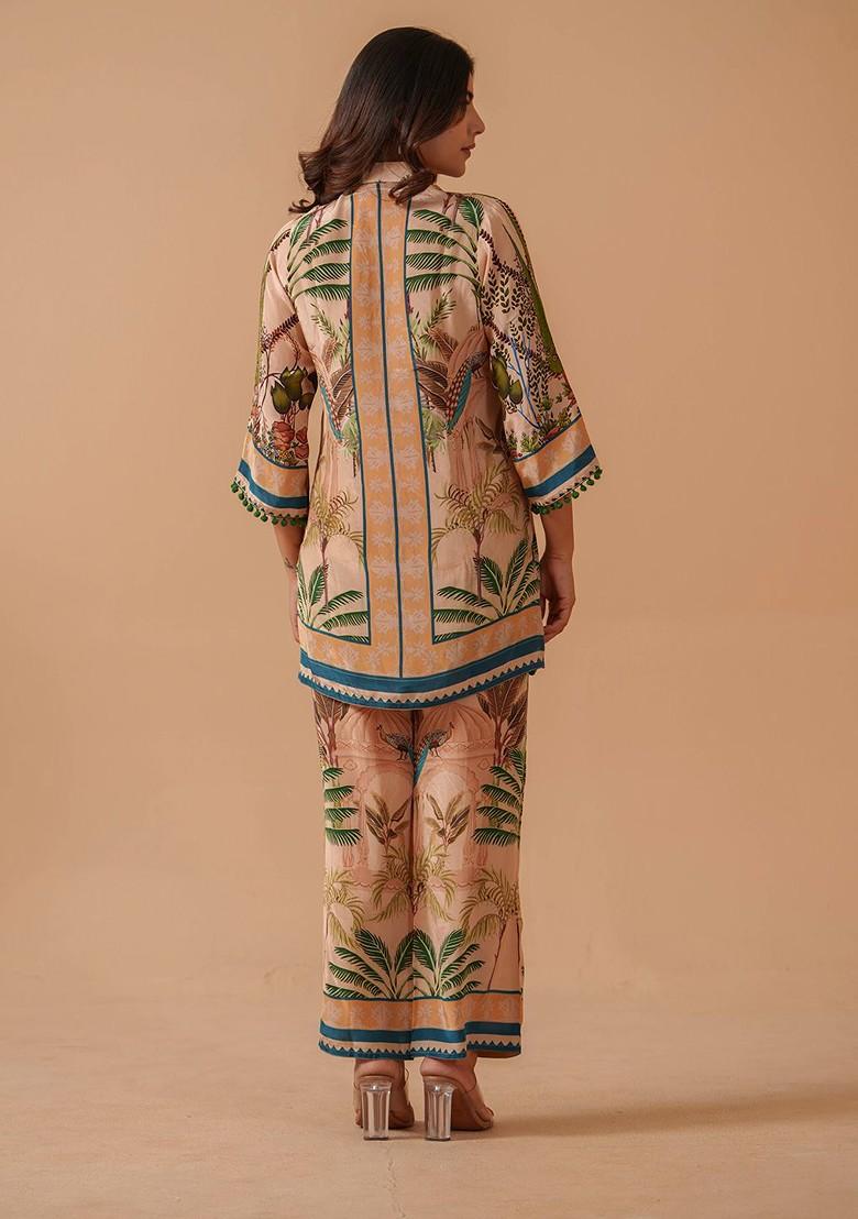 Cream Printed Tunic With Trousers Coords - Indya