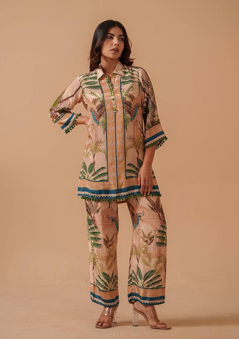 Cream Printed Tunic With Trousers Coords - Indya