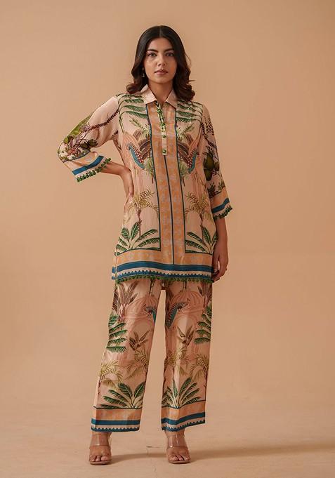 Cream Printed Tunic With Trousers Coords