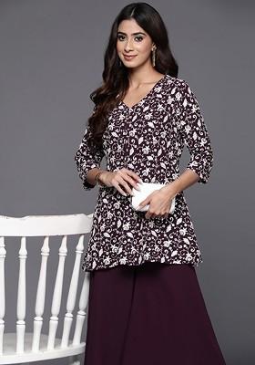 Purple Embroidered Georgette Ethnic Tunic With Palazzos