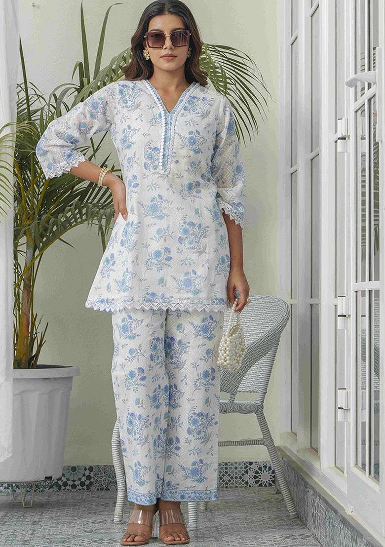 Off White Floral Printed Pure Cotton Tunic And Trouser - Indya