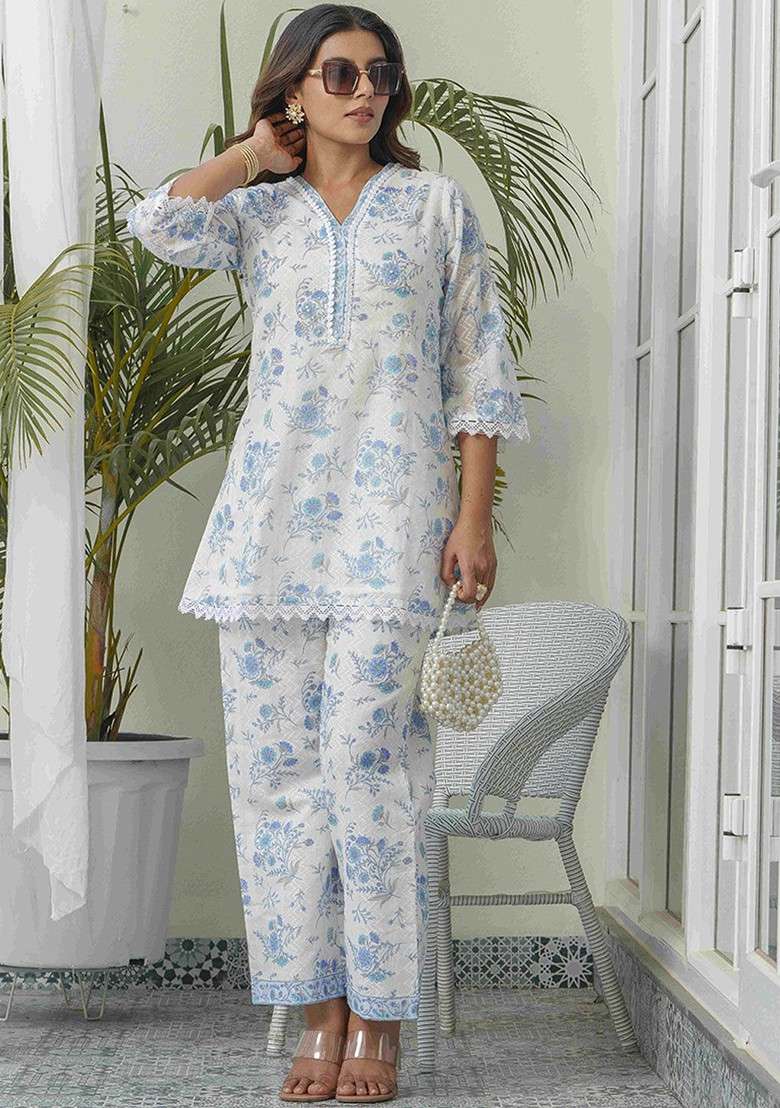 Off White Floral Printed Pure Cotton Tunic And Trouser - Indya