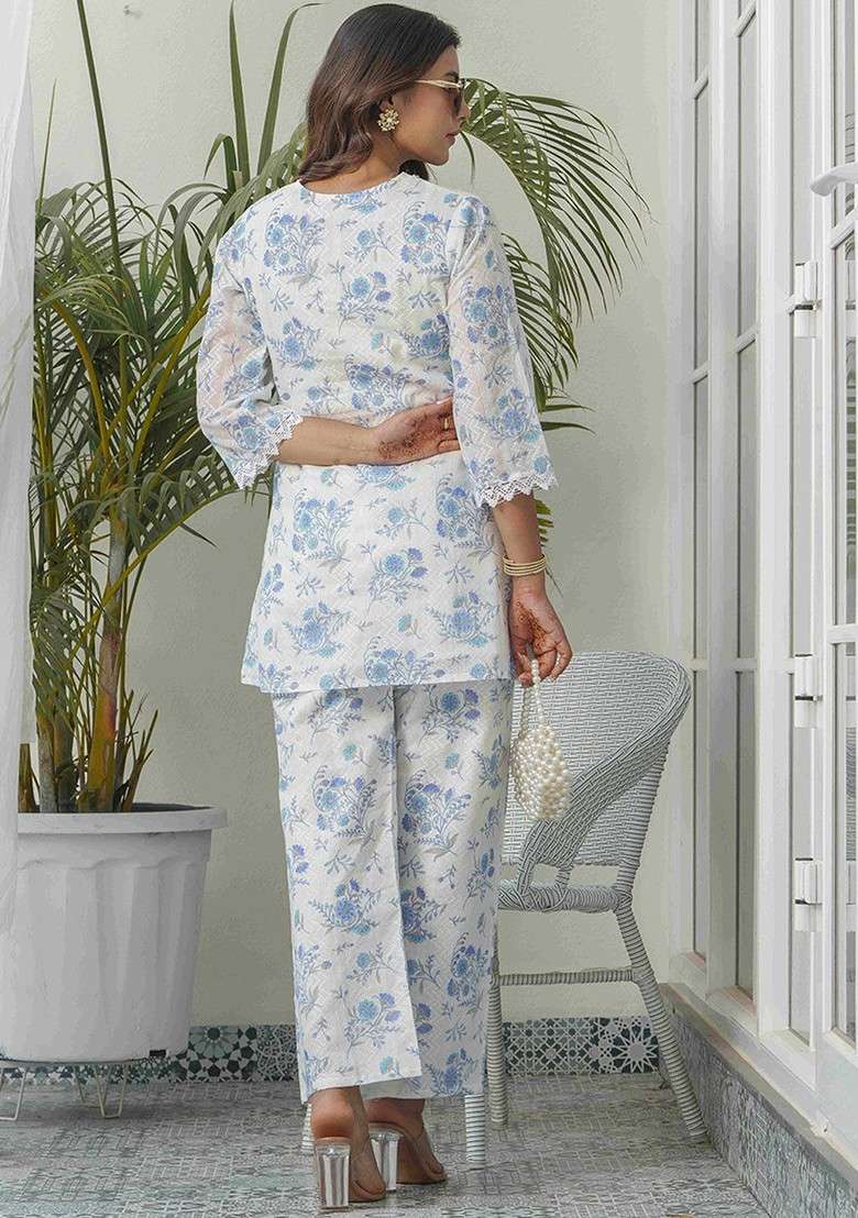 Off White Floral Printed Pure Cotton Tunic And Trouser - Indya