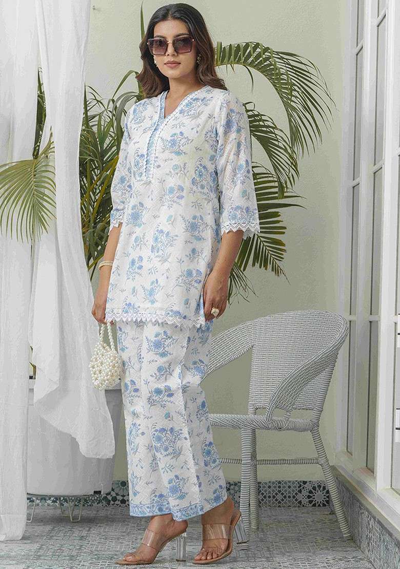 Off White Floral Printed Pure Cotton Tunic And Trouser - Indya