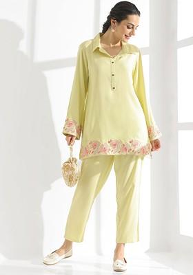 Lime Green Floral Embroidered Shirt Collar Tunic With Trouser