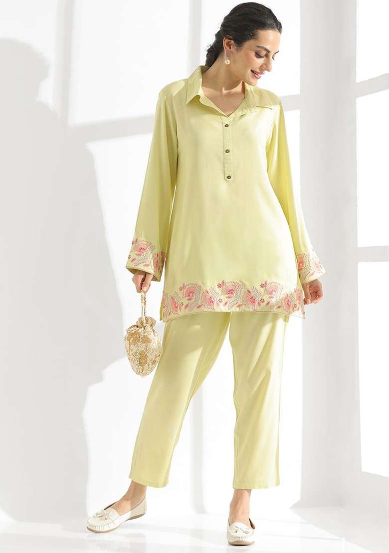 Lime Green Floral Embroidered Shirt Collar Tunic With Trouser - Indya