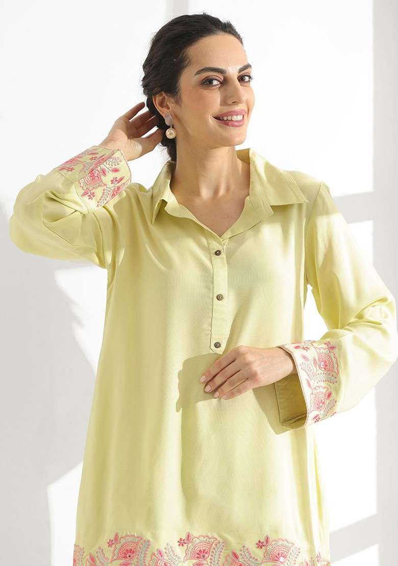 Lime Green Floral Embroidered Shirt Collar Tunic With Trouser - Indya