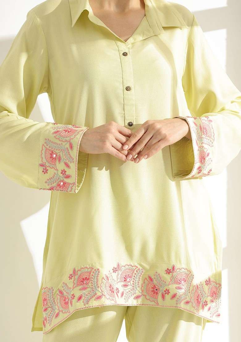 Lime Green Floral Embroidered Shirt Collar Tunic With Trouser - Indya